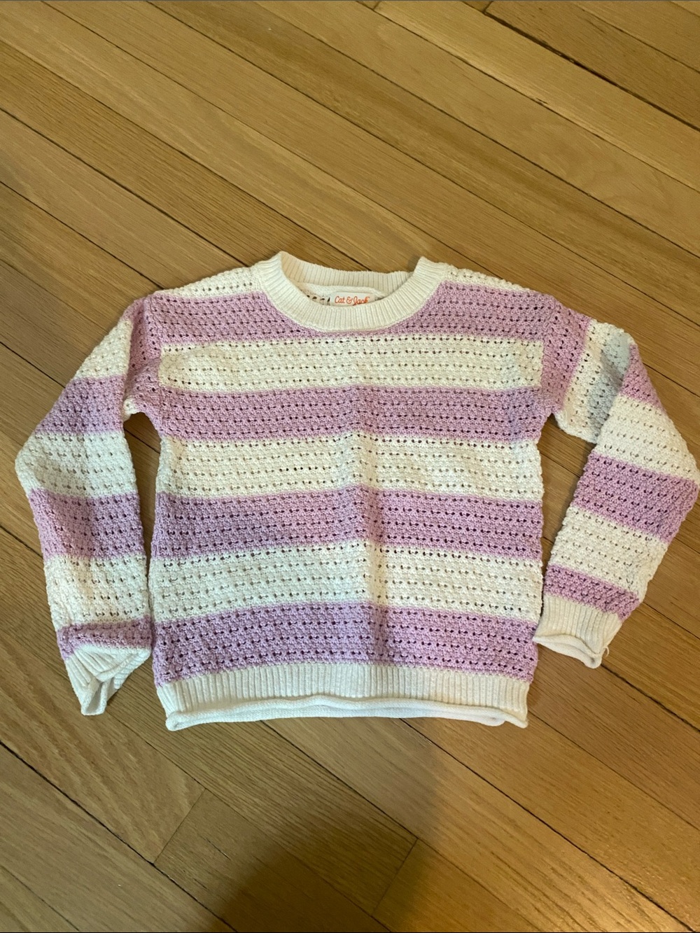 Cat & Jack Lavender & White Striped Crochet Crewneck Sweater